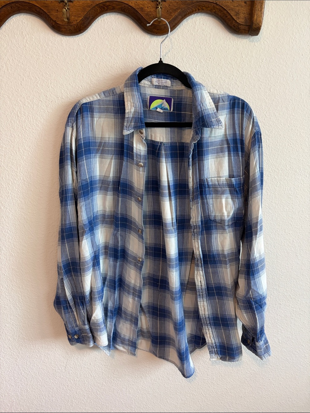 Vintage Blue and White Plaid Men's Button-Down Shirt